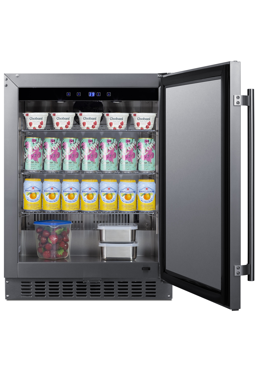 Shallow depth built-in undercounter ADA compliant all-refrigerator with stainless steel exterior and interior, lock, and digital controls
